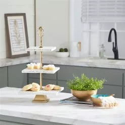 Grayson Lane Natural 3 Tier Tray Stand - White Marble And Aluminum - 22-in X 12-in
