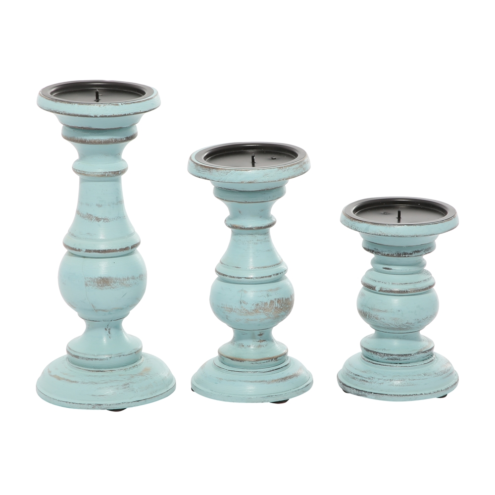 Grayson Lane 3-Candle Pillar Holder - 6-in, 8-in, 10-in -Light Blue Mango Wood 2 Grayson Lane 3-Candle Pillar Holder - 6-in, 8-in, 10-in -Light Blue Mango Wood - Image 2