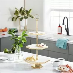 Grayson Lane Natural 3 Tier Tray Stand - Gold Stoneware And Aluminum - 22-in X 12-in -GRAYSON LANE SHOP 330858278 AlternateImage1