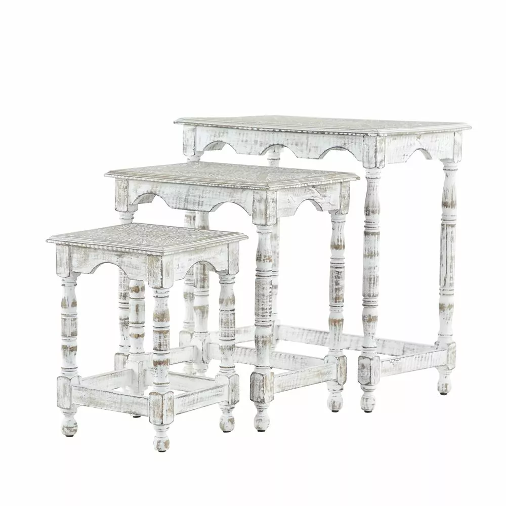 Grayson Lane Set Of 3 24-in, 21-in, 16-in Eclectic Accent Table - White Mango Wood 2 Grayson Lane Set Of 3 24-in, 21-in, 16-in Eclectic Accent Table - White Mango Wood - Image 2