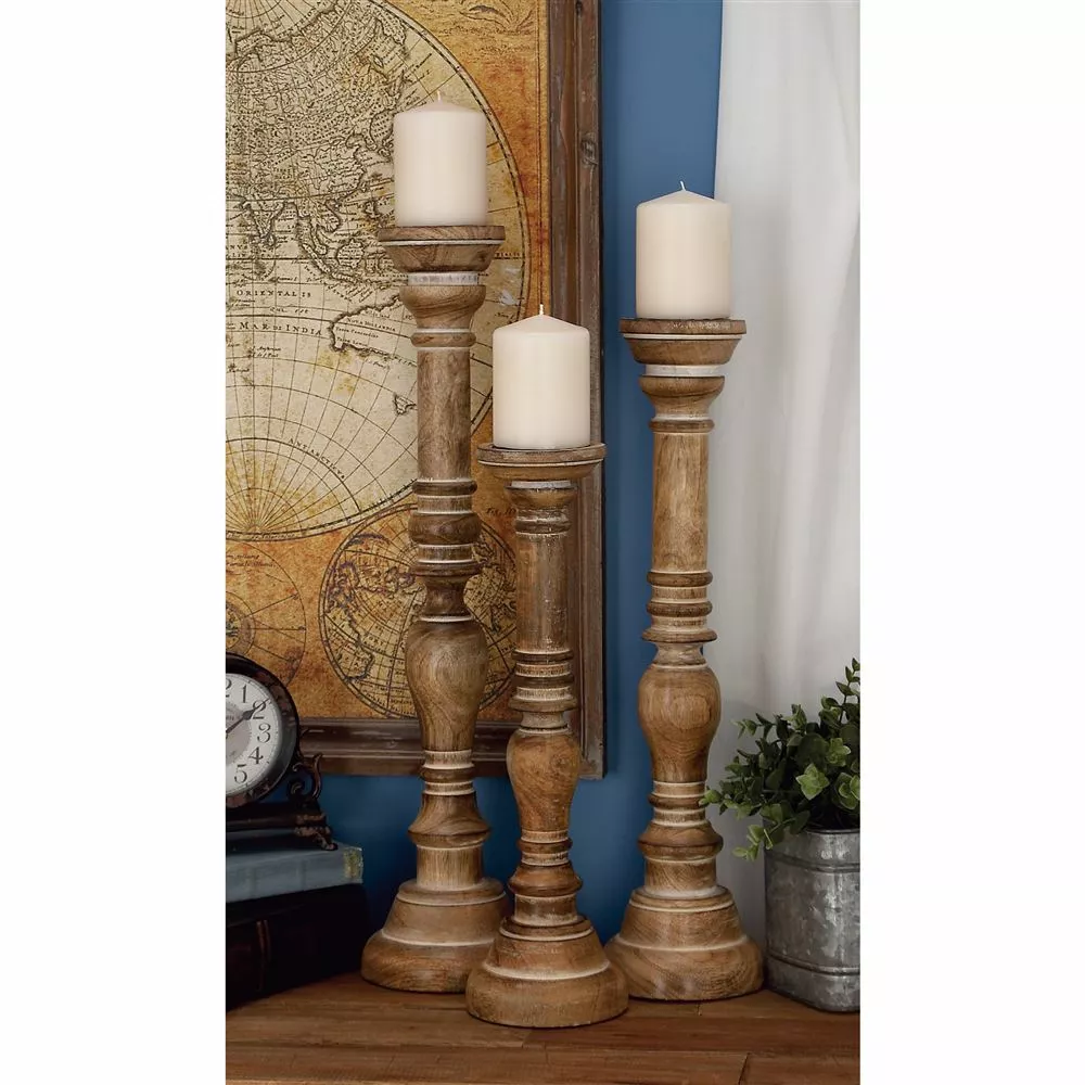 Grayson Lane Set Of 3 24-in, 21-in, 17-in Traditional Candle Holder - Brown Mango Wood 3 Grayson Lane Set Of 3 24-in, 21-in, 17-in Traditional Candle Holder - Brown Mango Wood - Image 3