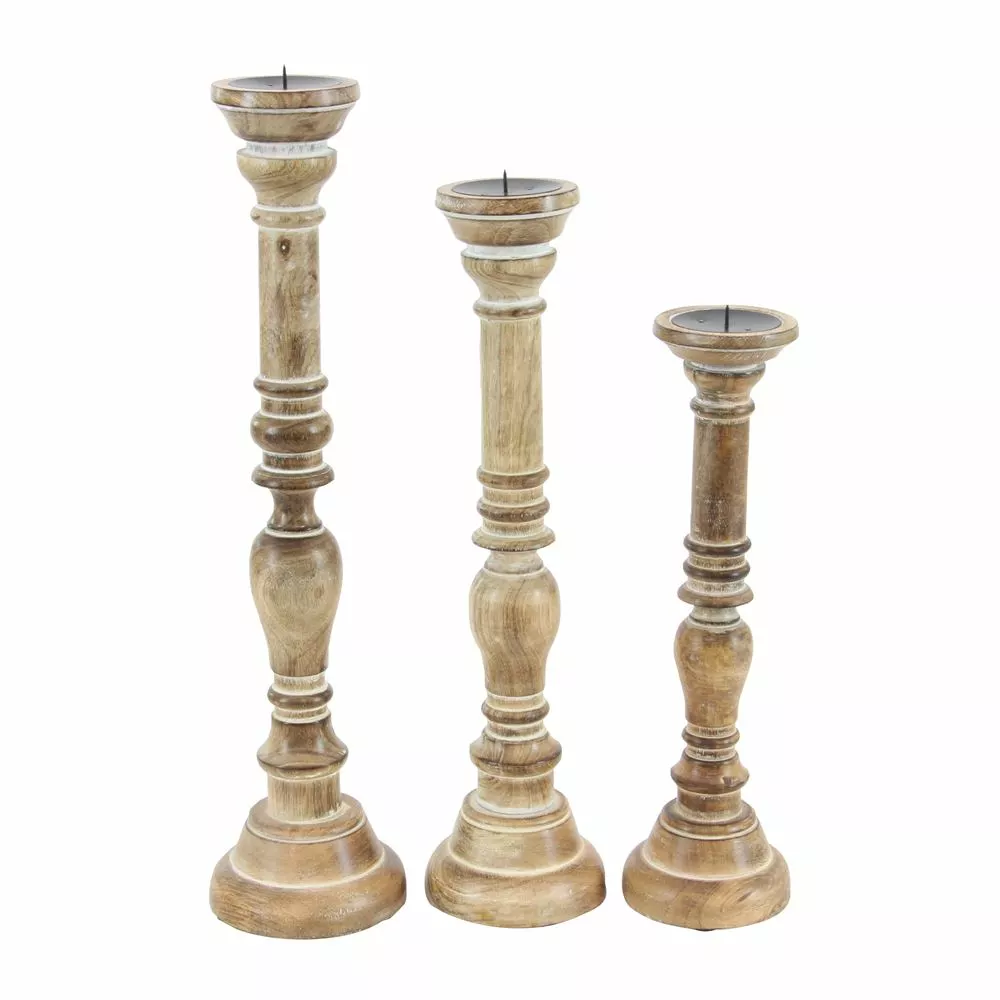 Grayson Lane Set Of 3 24-in, 21-in, 17-in Traditional Candle Holder - Brown Mango Wood 4 Grayson Lane Set Of 3 24-in, 21-in, 17-in Traditional Candle Holder - Brown Mango Wood - Image 4