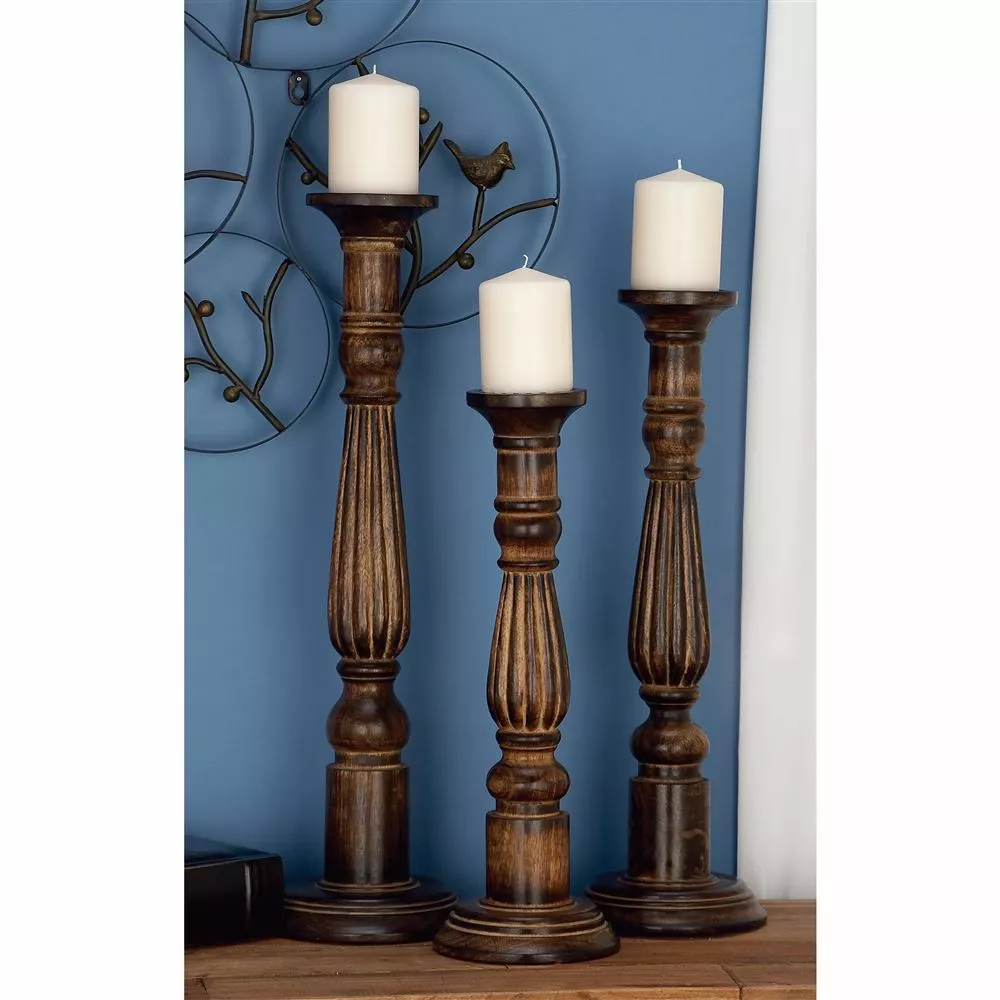 Grayson Lane Set Of 3 24-in, 21-in, 18-in Traditional Candle Holder - Brown Mango Wood 2 Grayson Lane Set Of 3 24-in, 21-in, 18-in Traditional Candle Holder - Brown Mango Wood - Image 2