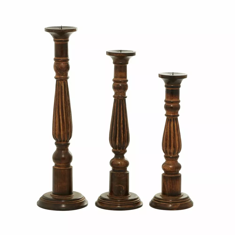 Grayson Lane Set Of 3 24-in, 21-in, 18-in Traditional Candle Holder - Brown Mango Wood 5 Grayson Lane Set Of 3 24-in, 21-in, 18-in Traditional Candle Holder - Brown Mango Wood - Image 5