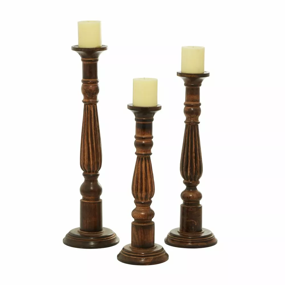 Grayson Lane Set Of 3 24-in, 21-in, 18-in Traditional Candle Holder - Brown Mango Wood 7 Grayson Lane Set Of 3 24-in, 21-in, 18-in Traditional Candle Holder - Brown Mango Wood - Image 7