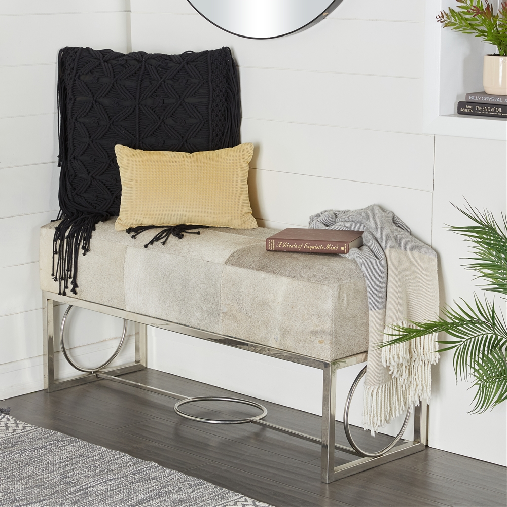 Grayson Lane Industrial White Cowhide Accent Bench 3 Grayson Lane Industrial White Cowhide Accent Bench - Image 3