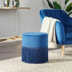 Grayson Lane Rustic Blue Polyester/Wood Round Ottoman