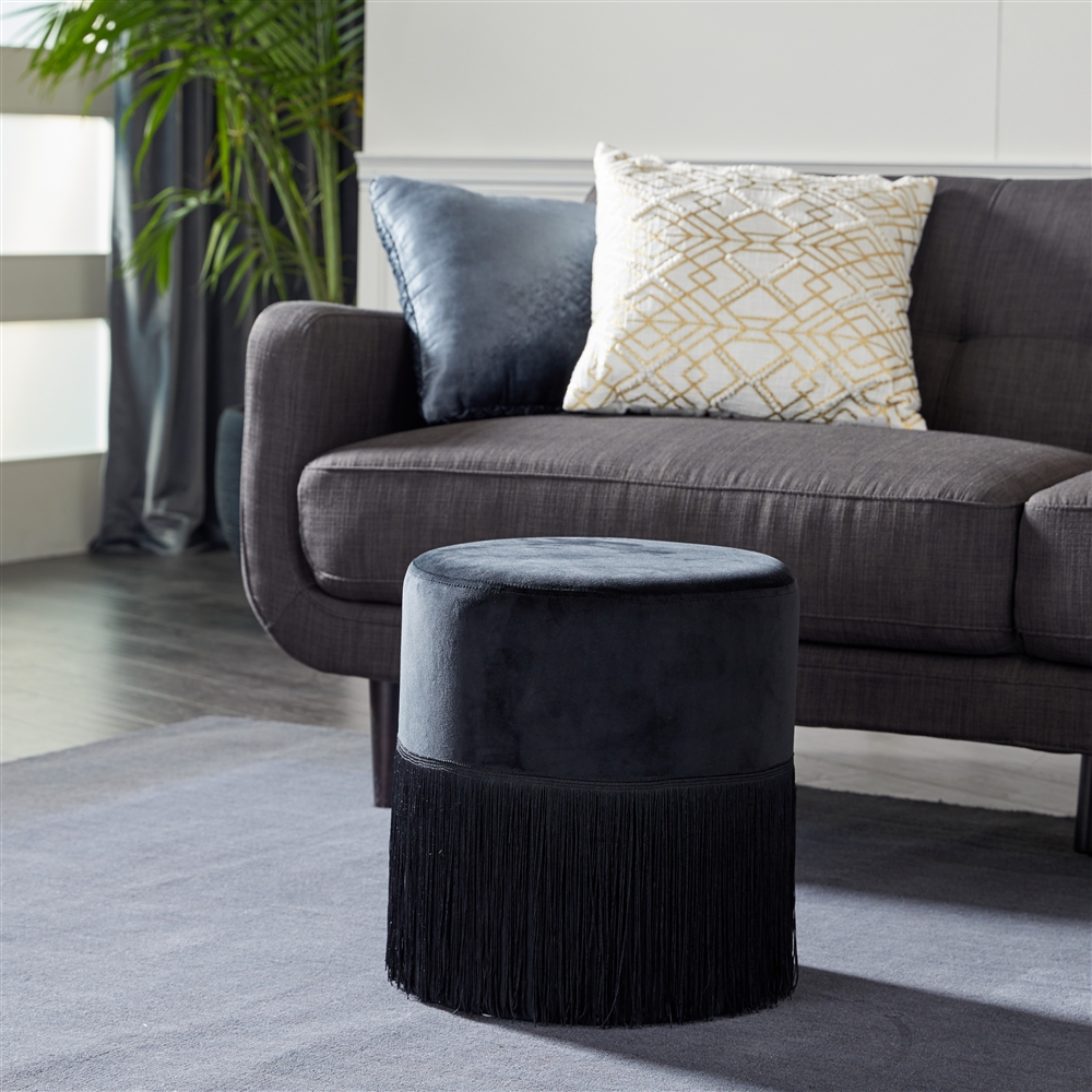 Grayson Lane Rustic Blue Wood And Fabric Round Ottoman 3 Grayson Lane Rustic Blue Wood And Fabric Round Ottoman - Image 3