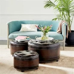 Grayson Lane Rustic Brown Faux Leather Round Ottomans - Set Of 3 -GRAYSON LANE SHOP 330944763 AlternateImage1