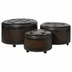 Grayson Lane Rustic Brown Faux Leather Round Ottomans - Set Of 3 -GRAYSON LANE SHOP 330944763 MainImage 001