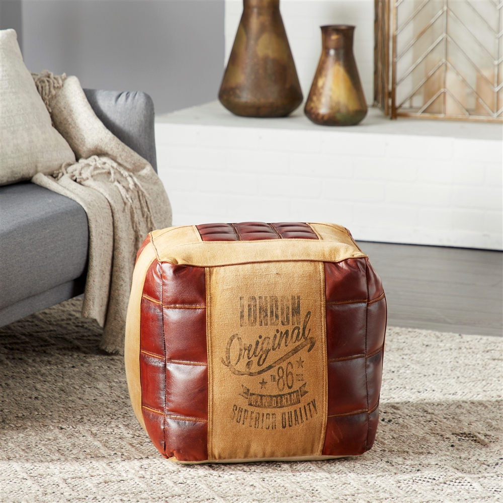 Grayson Lane Rustic Brown Faux Leather And Canvas Square Ottoman 3 Grayson Lane Rustic Brown Faux Leather And Canvas Square Ottoman - Image 3