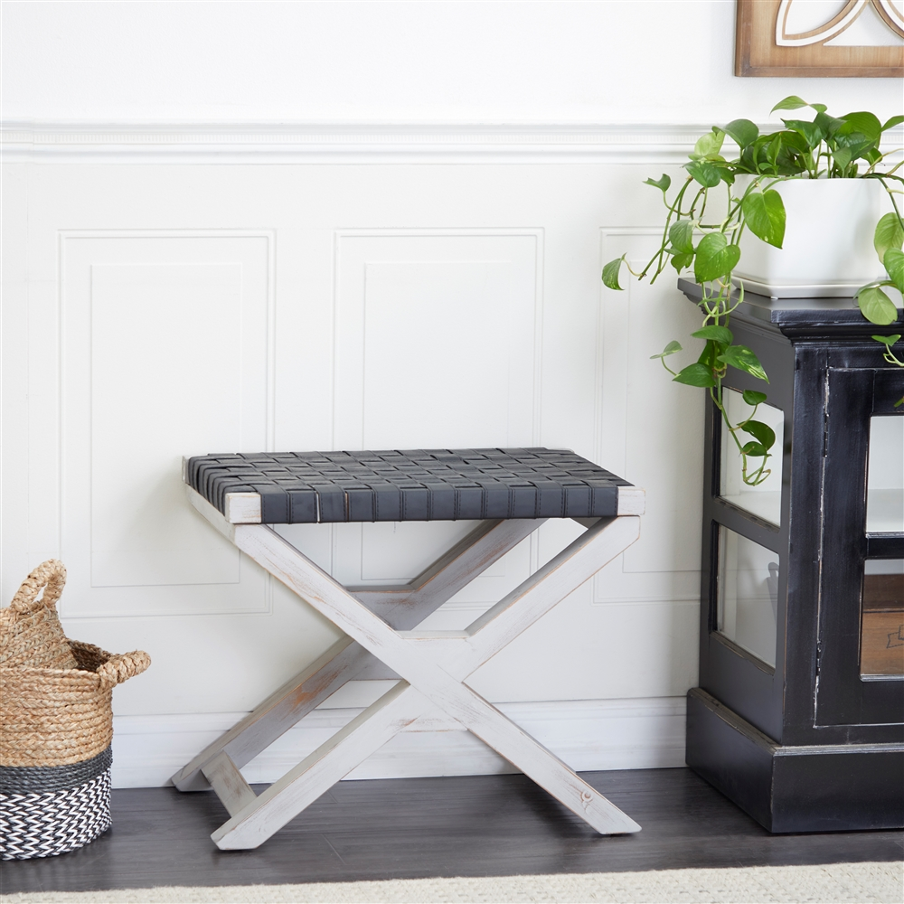 Grayson Lane Farmhouse Black Faux Leather And Distressed White X-Shaped Wood Frame Square Ottoman 3 Grayson Lane Farmhouse Black Faux Leather And Distressed White X-Shaped Wood Frame Square Ottoman - Image 3