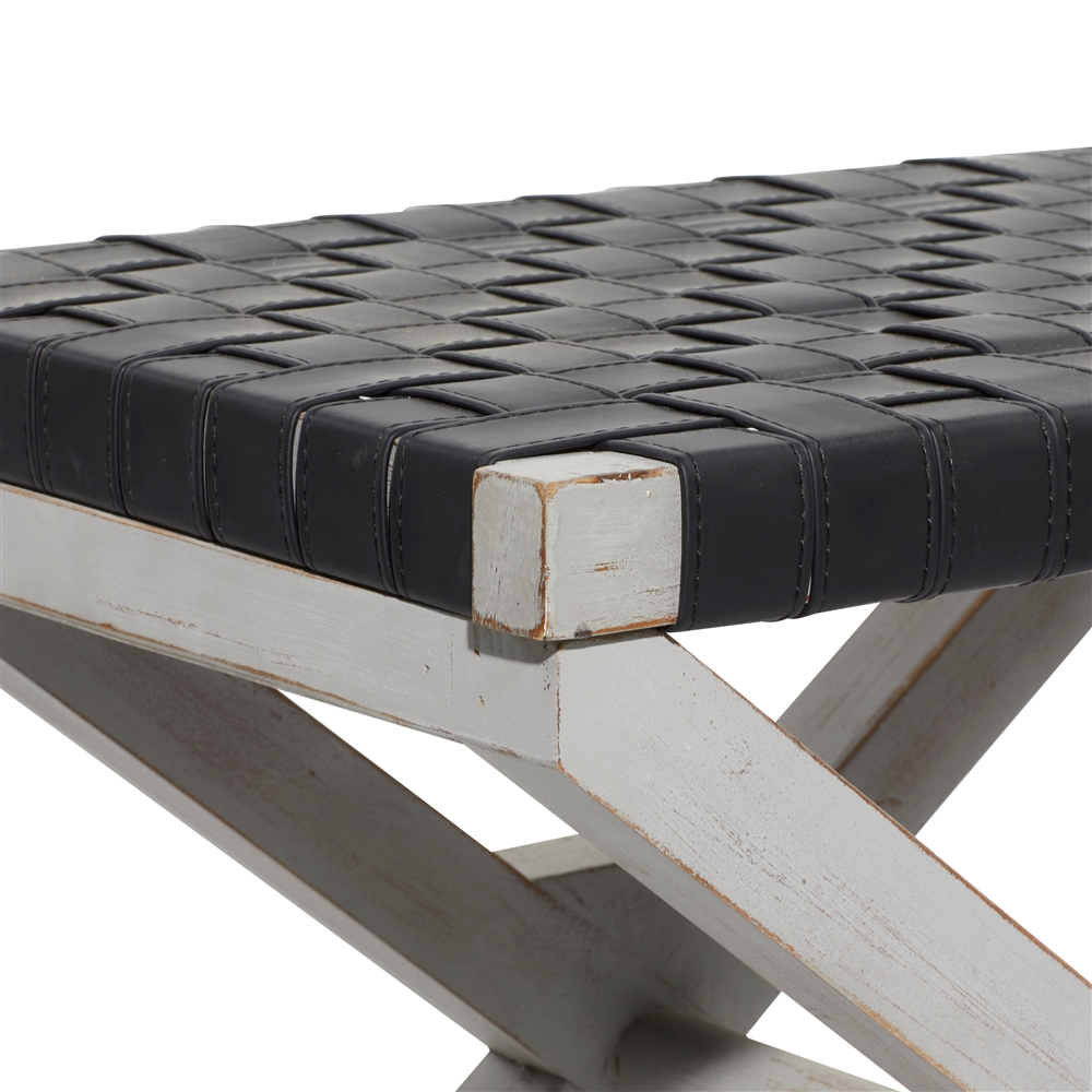 Grayson Lane Farmhouse Black Faux Leather And Distressed White X-Shaped Wood Frame Square Ottoman 2 Grayson Lane Farmhouse Black Faux Leather And Distressed White X-Shaped Wood Frame Square Ottoman - Image 2