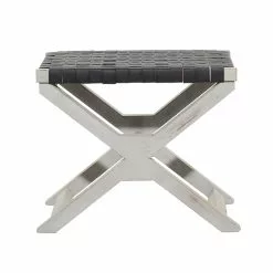 Grayson Lane Farmhouse Black Faux Leather And Distressed White X-Shaped Wood Frame Square Ottoman