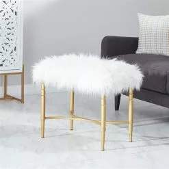 Grayson Lane Modern White Faux Fur And Gold Metal Rectangle Ottoman