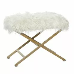Grayson Lane Modern White Faux Fur Rectangle Ottoman With X-Shaped Gold Metal Frame