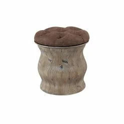 Grayson Lane Rustic Brown Faux Leather Round Integrated Storage Ottoman With Textured Base
